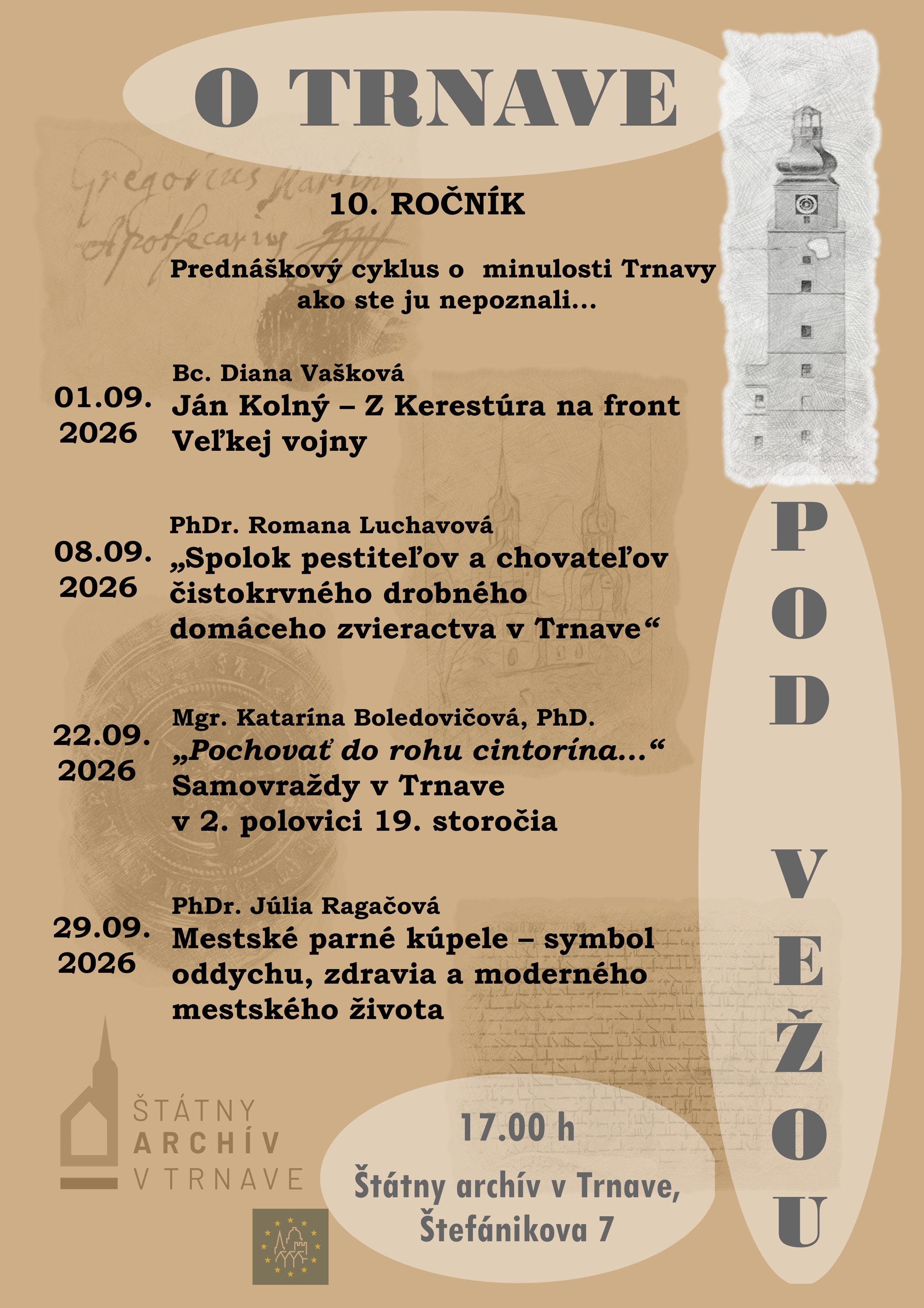 Program prednáškového cyklu o Trnave pod vežou, ktorý sa koná v Štátnom archíve v Trnave v septembri 2026